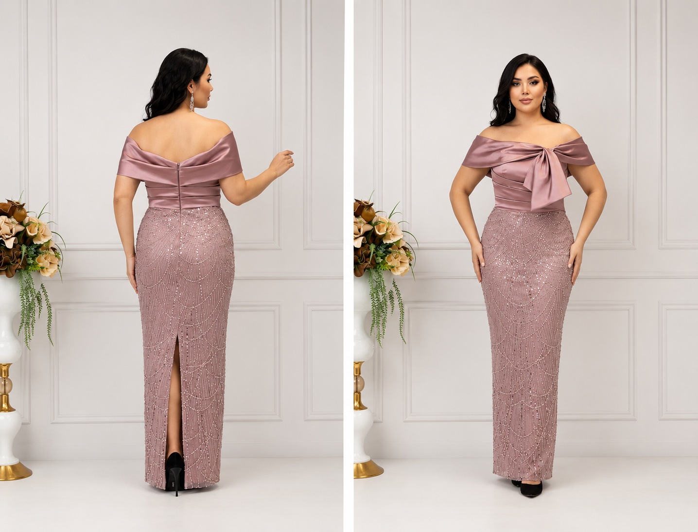 Rochie Elegantă Lungă Rose Mauve cu Paiete și Fundă Satinată – Rochie de Ocazie Premium