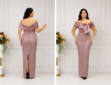 Rochie Elegantă Lungă Rose Mauve cu Paiete și Fundă Satinată – Rochie de Ocazie Premium