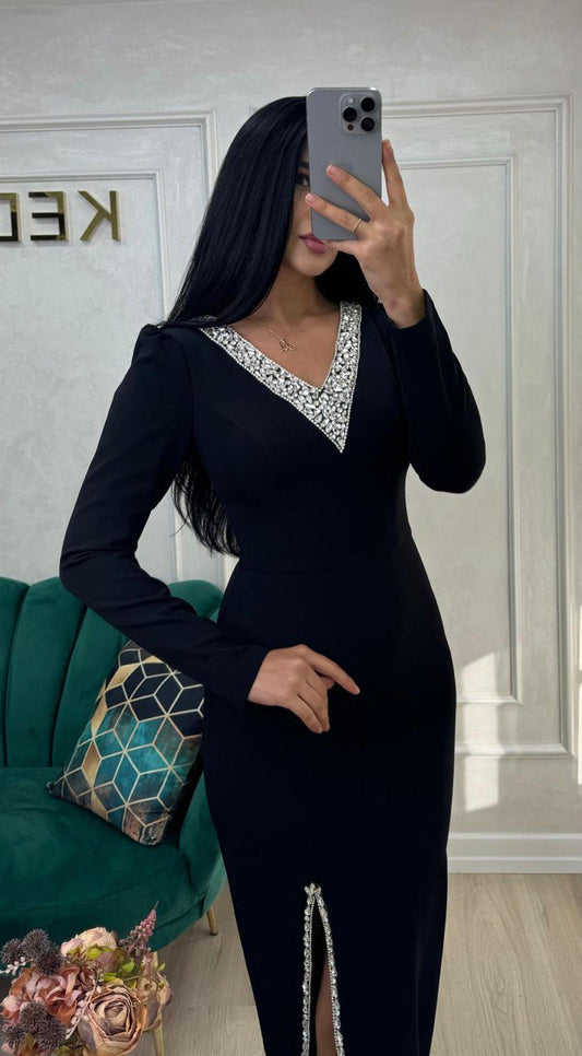Rochie Eleganta cu Strassuri si Slit Frontal