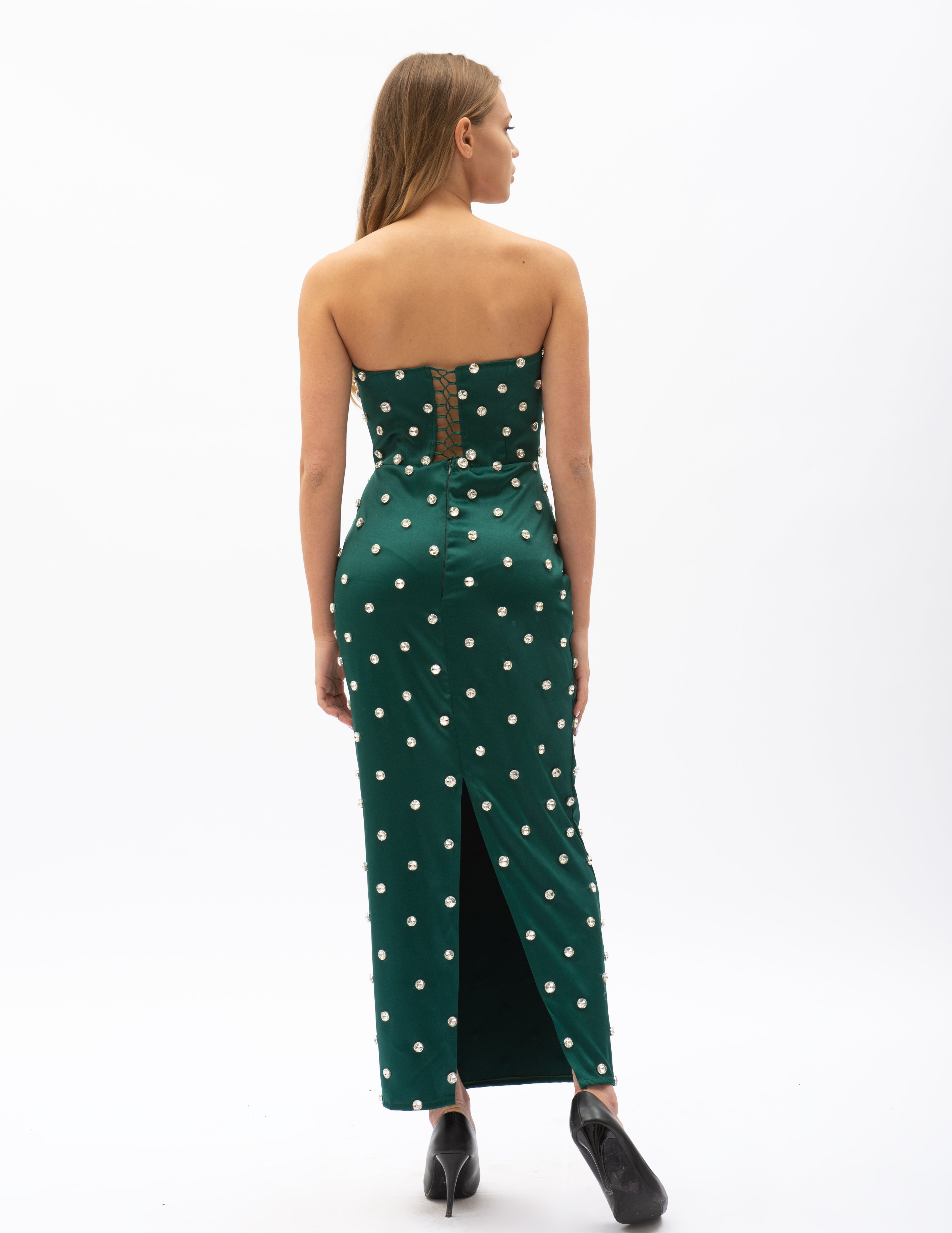 Rochie Lungă Din Satin Cu Cristale Aplicate Verde Inchis