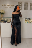Rochie de seară neagră cu dantelă și slit adânc
