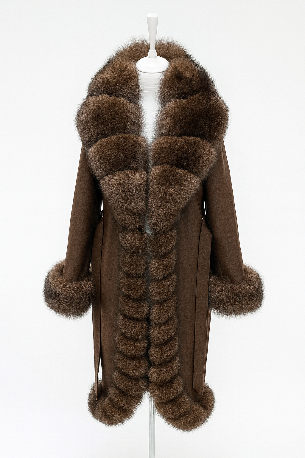 Palton din Cashmere cu Blană Naturală de Vulpe – Ciocolatiu