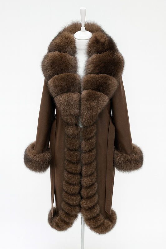 Palton din Cashmere cu Blană Naturală de Vulpe – Ciocolatiu
