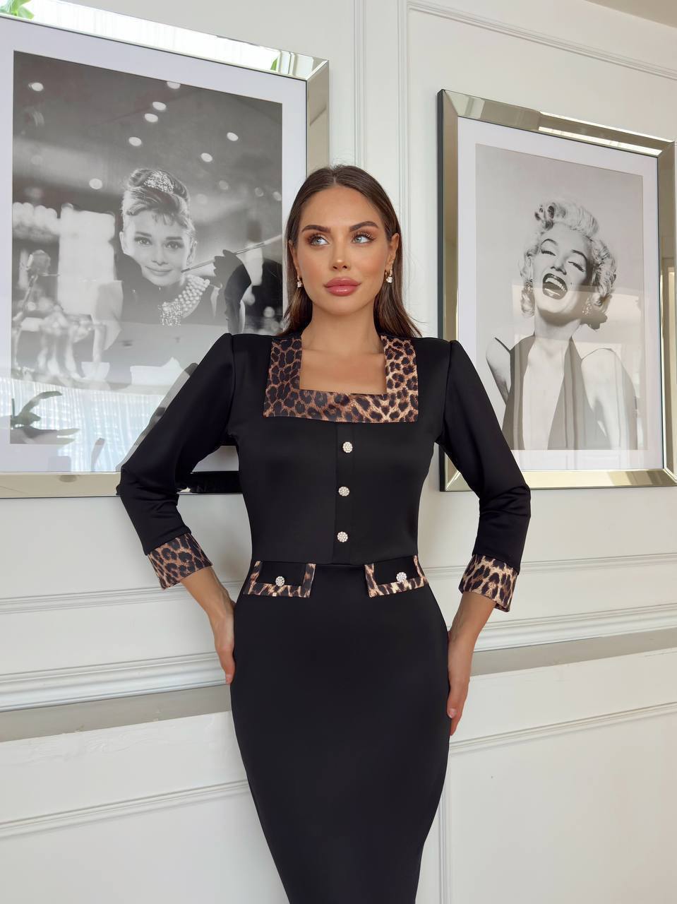 Rochie midi neagră cu detalii leopard –