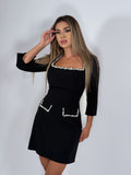 Rochie scurtă neagră cu detalii perlate elegante