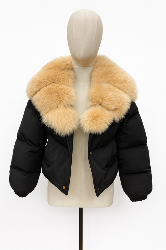 Geacă de fas cu guler din blană naturală de vulpe gold – detașabil