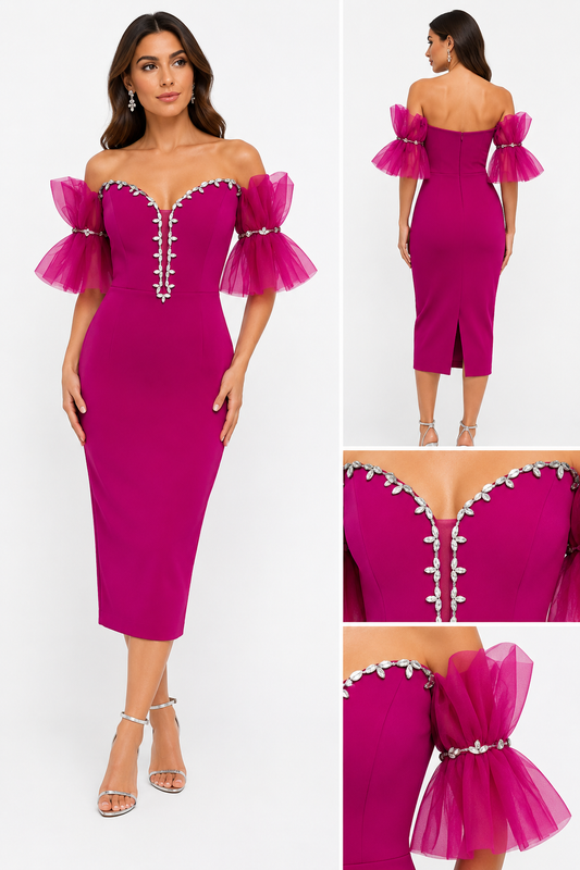 Rochie de Ocazie Midi Fuchsia cu Umerii Goi și Cristale –