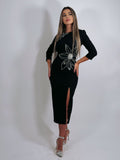 Rochie elegantă neagră, cu aplicații spectaculoase din perle și cristale