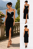 Rochie Midi Elegantă Neagră cu Aplicații Strălucitoare