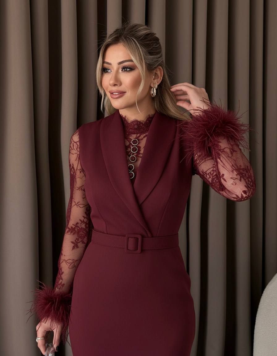 Rochie midi bordo cu dantelă și pene
