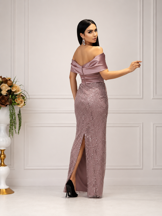 Rochie Elegantă Lungă Rose Mauve cu Paiete și Fundă Satinată – Rochie de Ocazie Premium