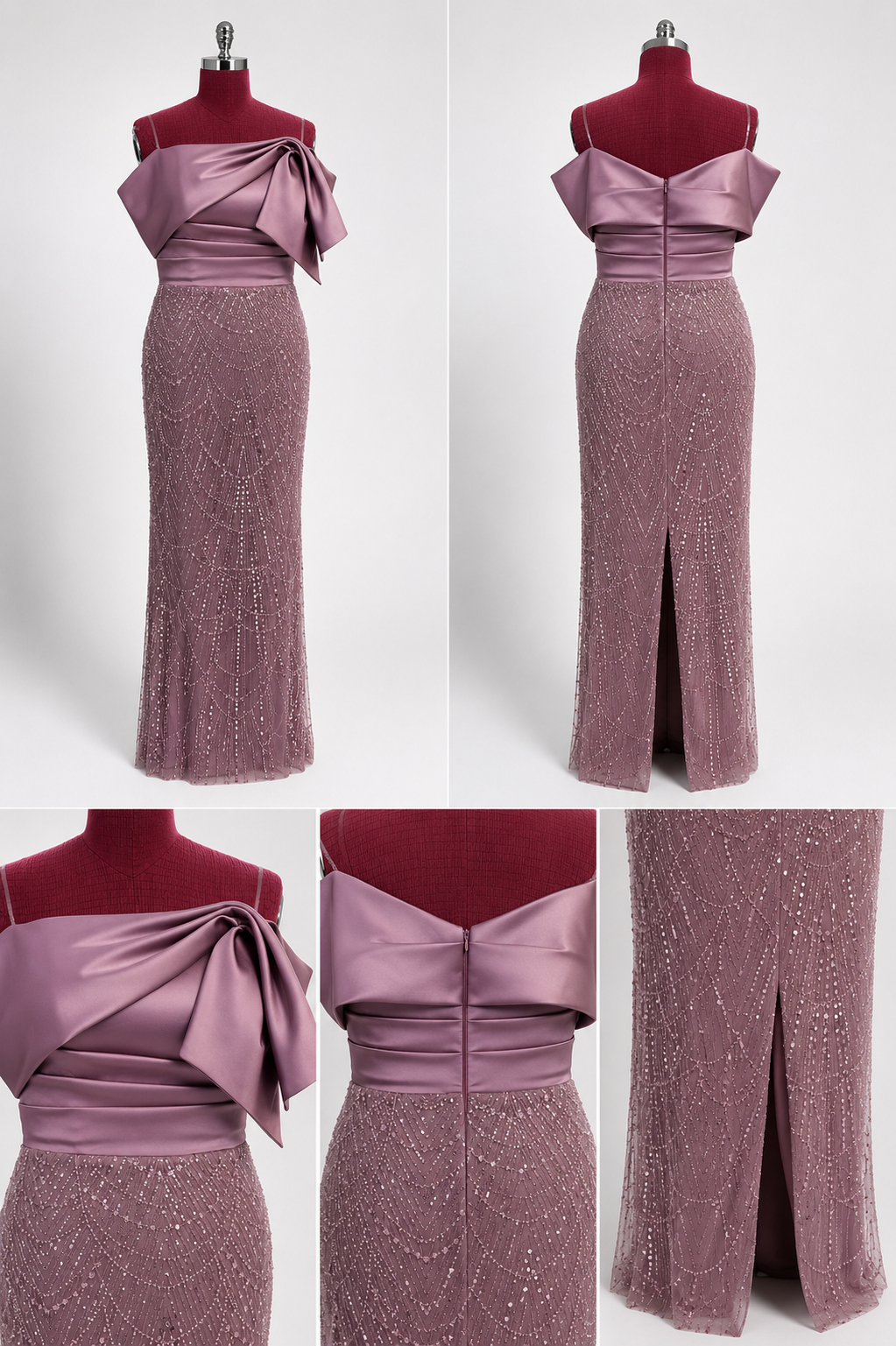 Rochie Elegantă Lungă Rose Mauve cu Paiete și Fundă Satinată – Rochie de Ocazie Premium