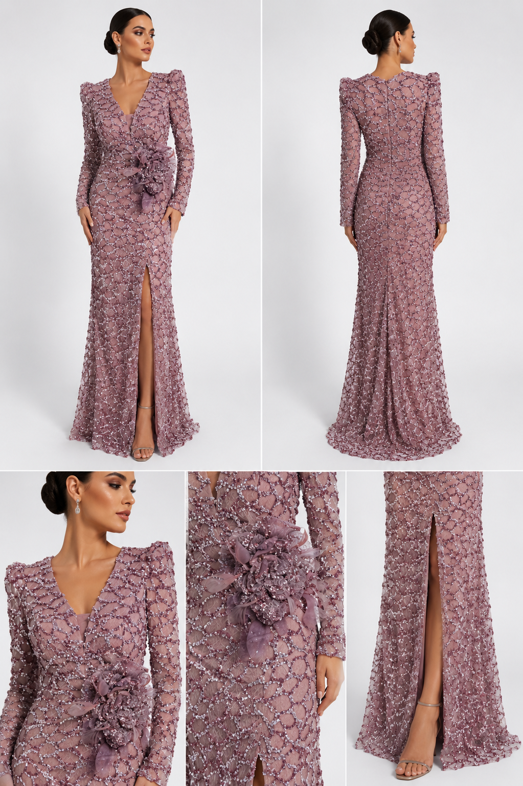 Rochie de seară lungă roz pudrat cu paiete și aplicație florală 3D