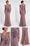 Rochie de seară lungă roz pudrat cu paiete și aplicație florală 3D