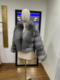 Jachetă din blană naturală de vulpe Silver – model elegant, cu guler amplu