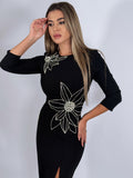 Rochie elegantă neagră, cu aplicații spectaculoase din perle și cristale