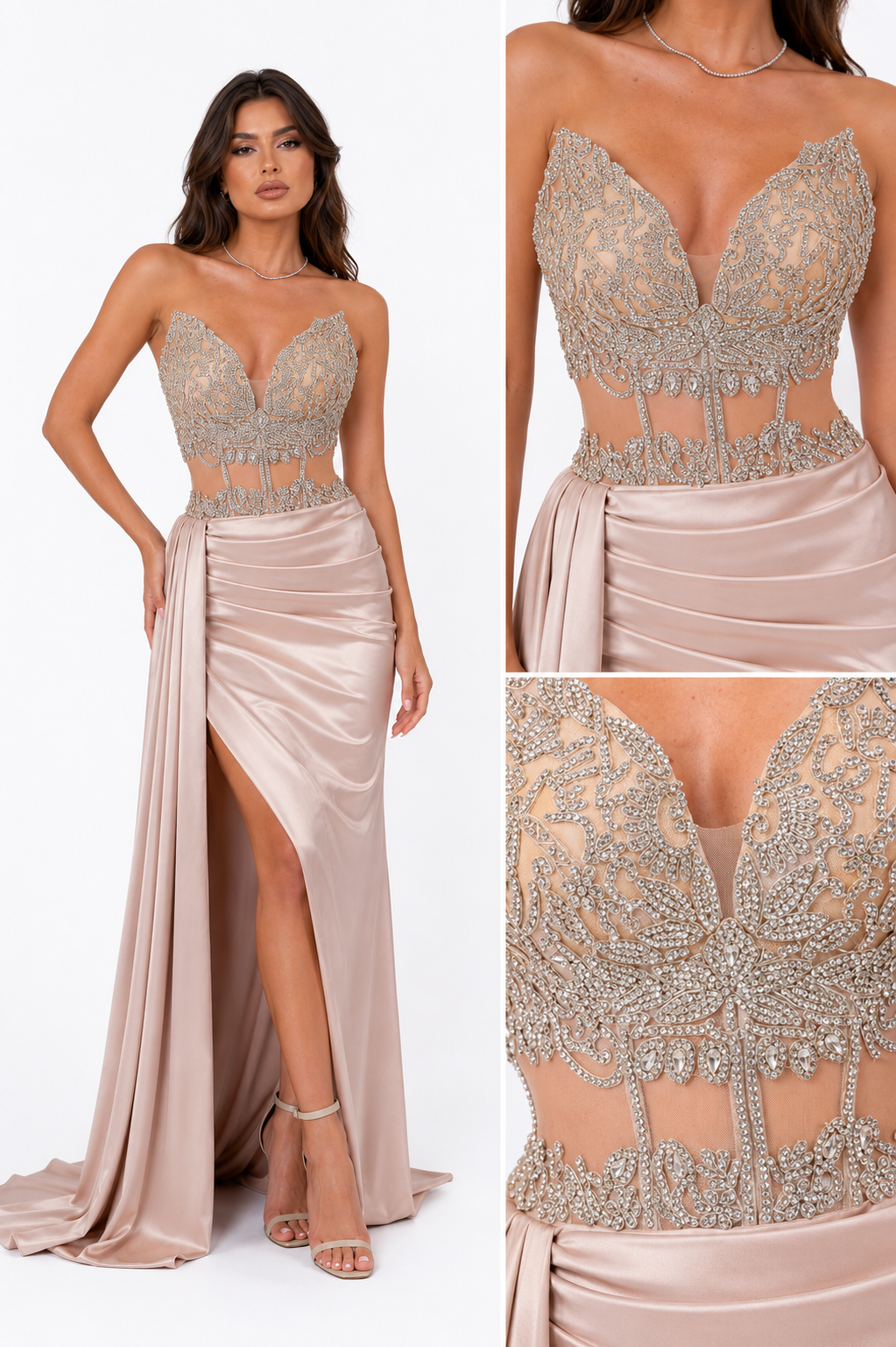 Rochie lungă de seară roz pudră cu corset decorat