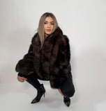 Jachetă din blană naturală de vulpe Dark Brown – model nou cu guler supradimensionat