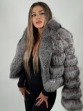 Jachetă din blană naturală de vulpe Silver – model elegant, cu guler amplu