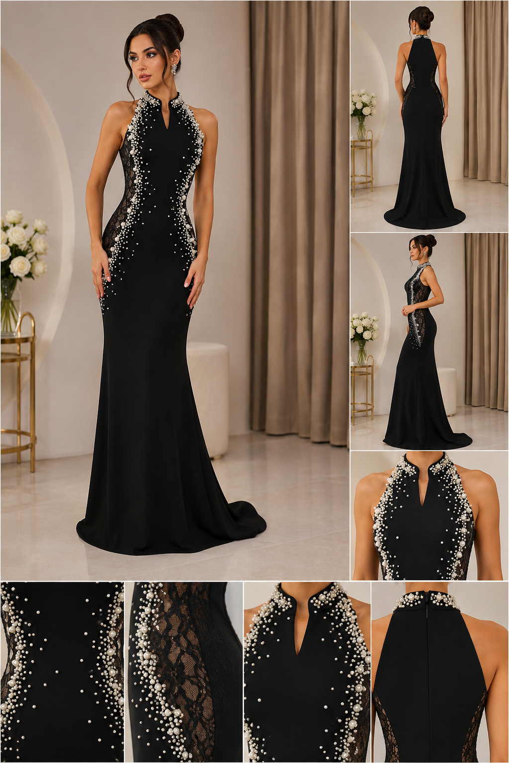 Rochie de seară neagră tip sirenă cu perle și inserții din dantelă