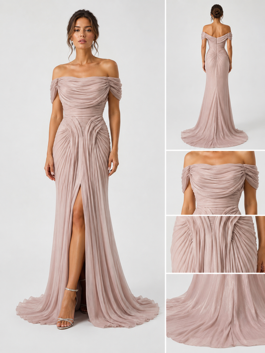 Rochie de seară Roz Pudră cu Drapaje Couture