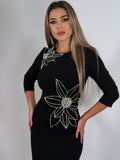 Rochie elegantă neagră, cu aplicații spectaculoase din perle și cristale