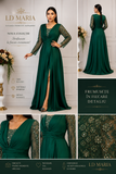 Rochie lungă verde smarald cu mâneci din dantelă brodată și paiete –