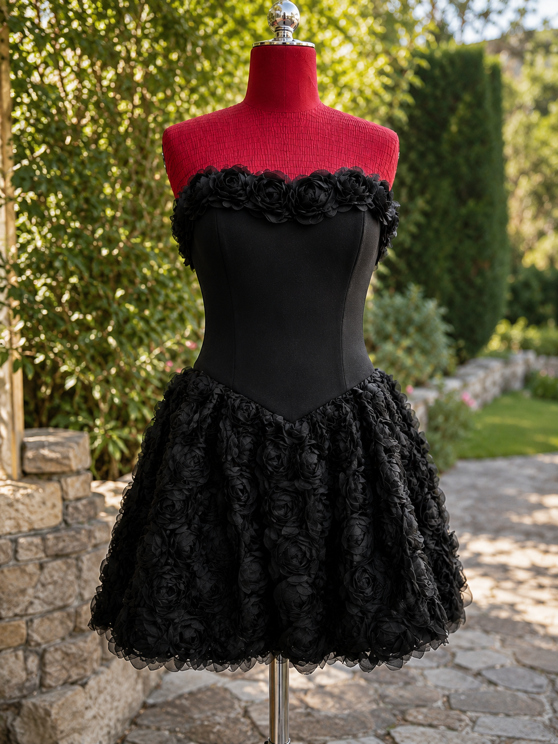 Rochie Neagră Couture cu Trandafiri 3D