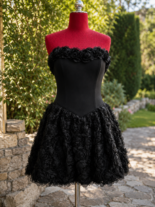 Rochie Neagră Couture cu Trandafiri 3D
