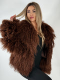 Haină din Blană Naturală de Oaie Mongoleză – Maro Ciocolatiu