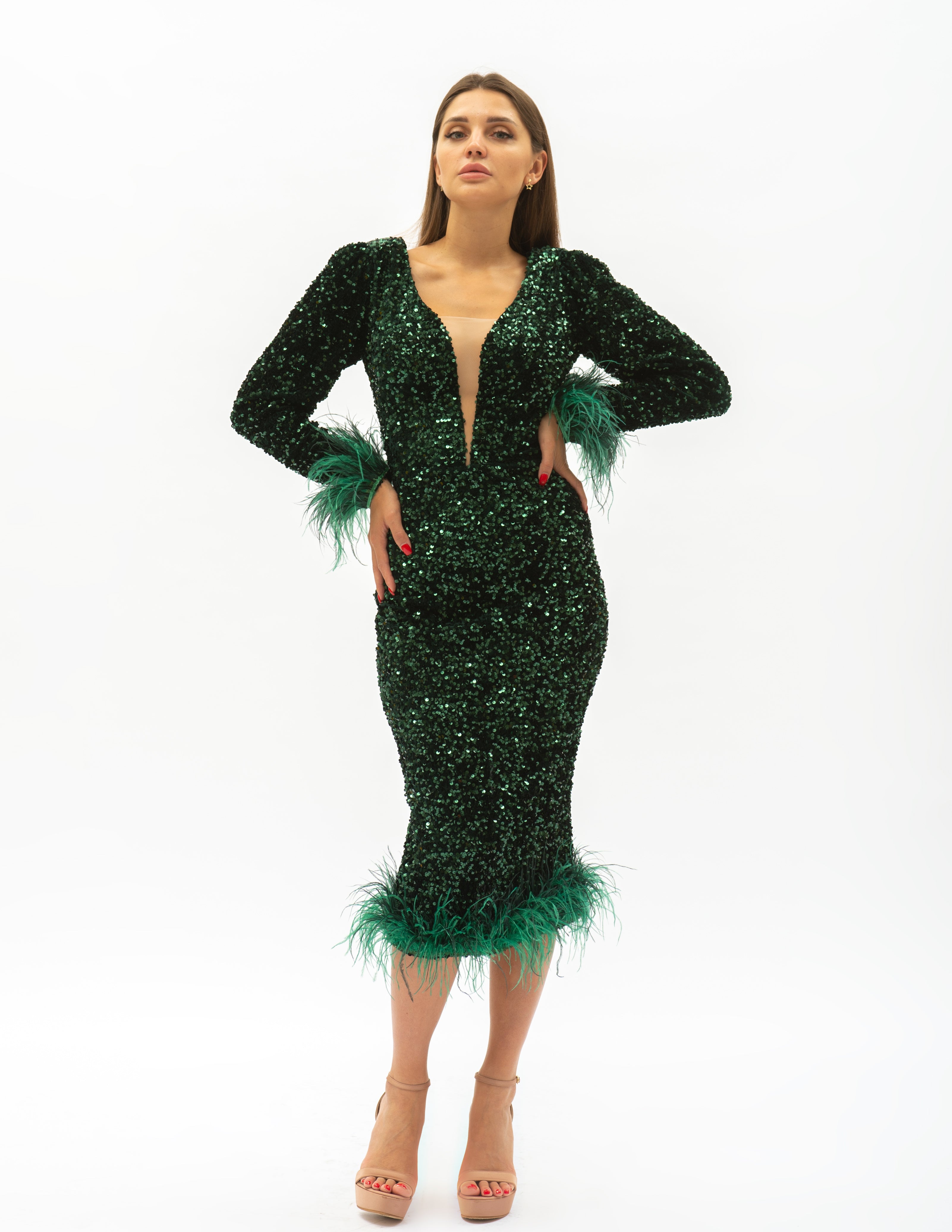 Rochie Midi Verde Din Paiete