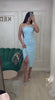 Rochie Bleu Corset cu Pene și Croială Asimetrică