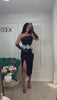 Rochie neagră elegantă cu aplicații florale strălucitoare și despicătură laterală