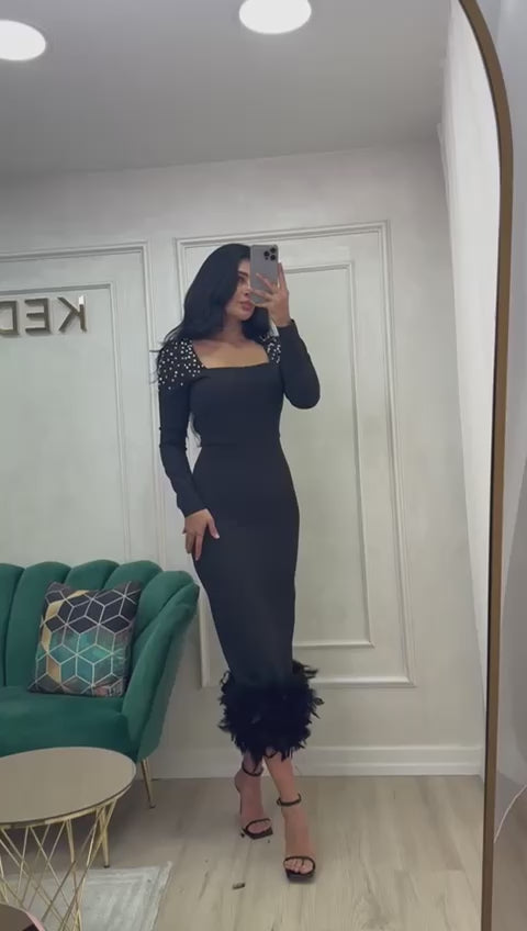 Rochie midi cu perle si pene